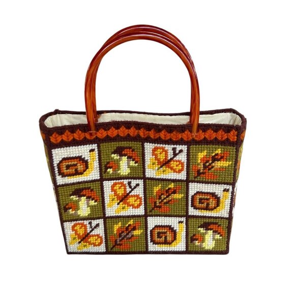 Vintage 60s 70s Handmade Patchwork Needlepoint Tote Lucite Handles - Picture 1 of 8